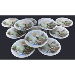 12 Vintage Kutani Hand Painted Mountains Trees Fruit Berry Bowls 5 1/4"